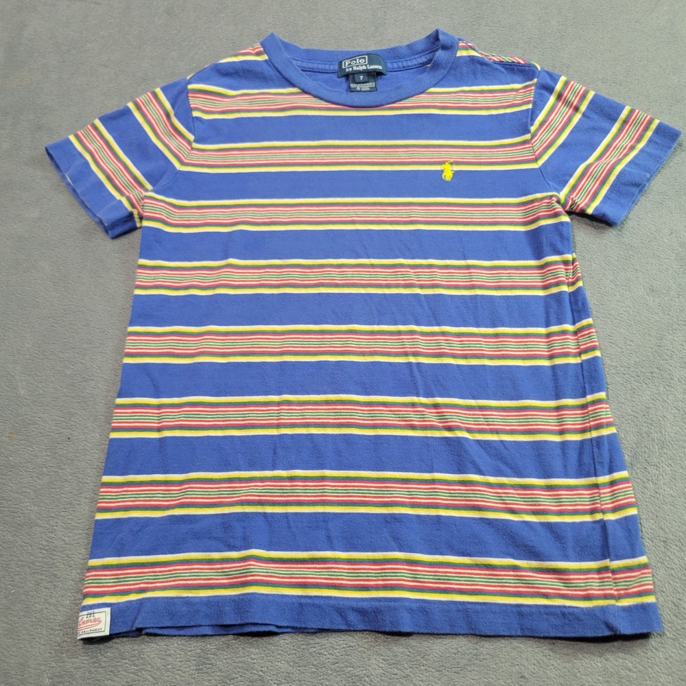 Polo Ralph Lauren Boys Blue Multi Color Striped Short Sleeve T-Shirt Size 7 Logo